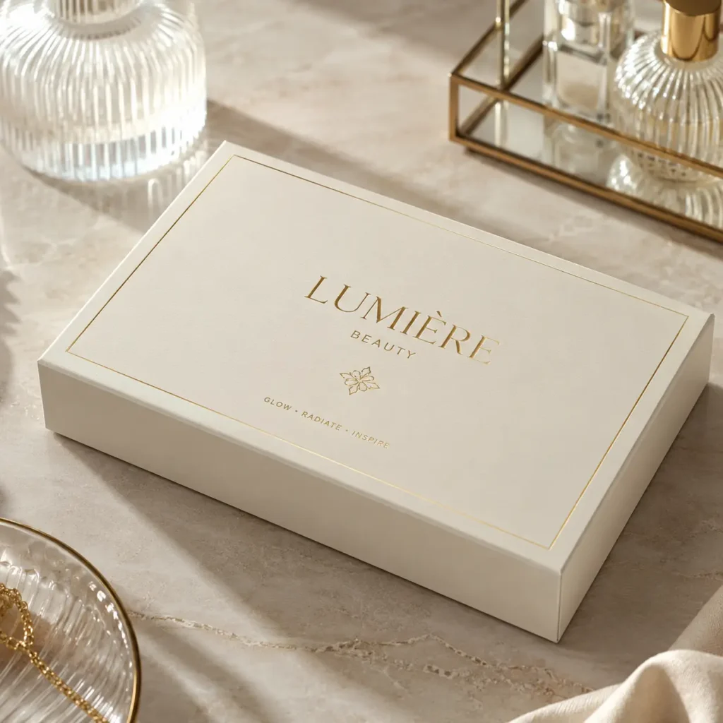 Lumière Beauty luxury white gift box with gold foil branding on marble surface, elegant cosmetic packaging design