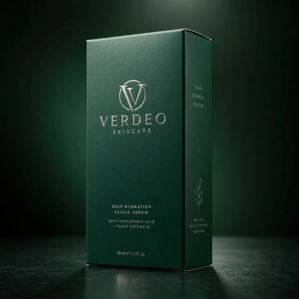 Verdeo Skincare deep hydration facial serum luxury green box packaging with silver foil branding on dark background