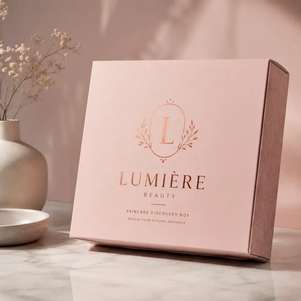 Lumière Beauty blush pink skincare discovery box with rose gold foil logo on marble surface, elegant luxury cosmetic packaging