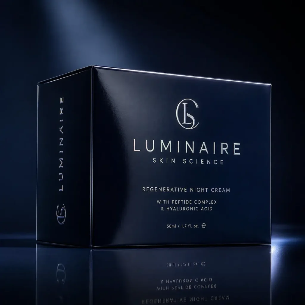 Luminaire Skin Science luxury night cream packaging, glossy navy blue box with silver embossed branding on reflective surface