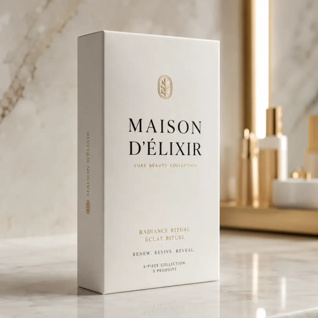 Luxury white beauty box packaging Maison D'Élixir Radiance Ritual 5-piece skincare collection with gold typography on marble