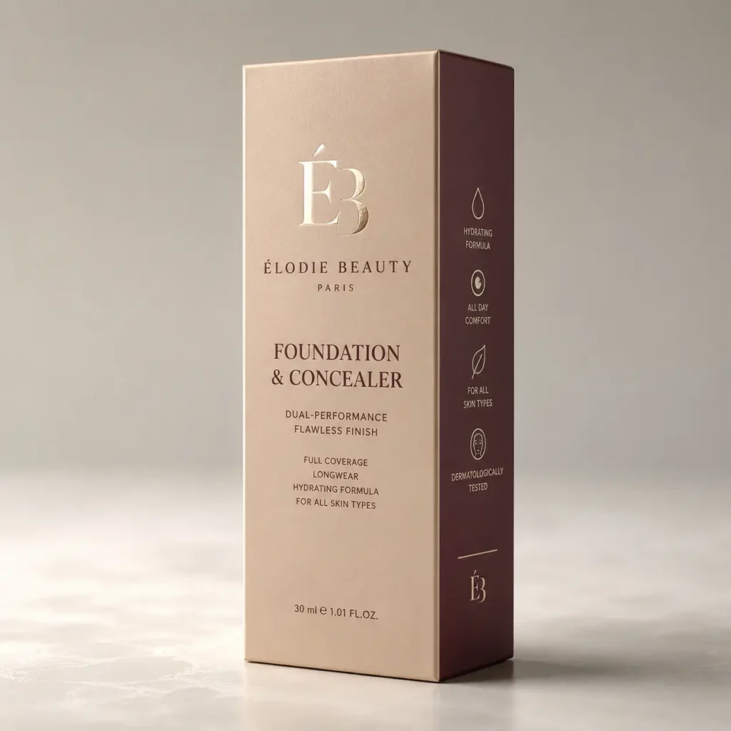 Élodie Beauty Paris foundation concealer luxury beige burgundy box packaging 30ml dual-performance flawless finish cosmetic design