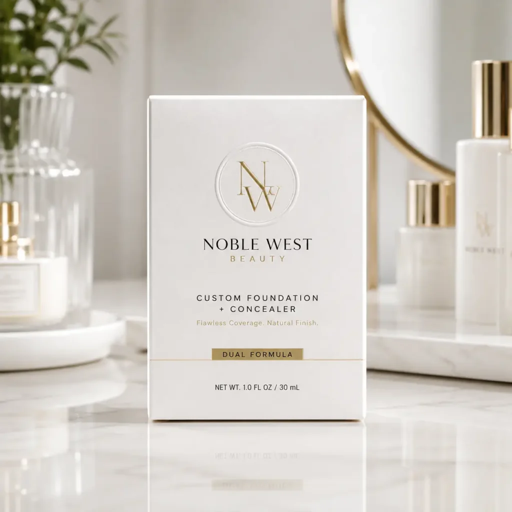 Noble West Beauty luxury white gold Custom Foundation Concealer box on marble vanity with mirror, elegant cosmetic packaging design