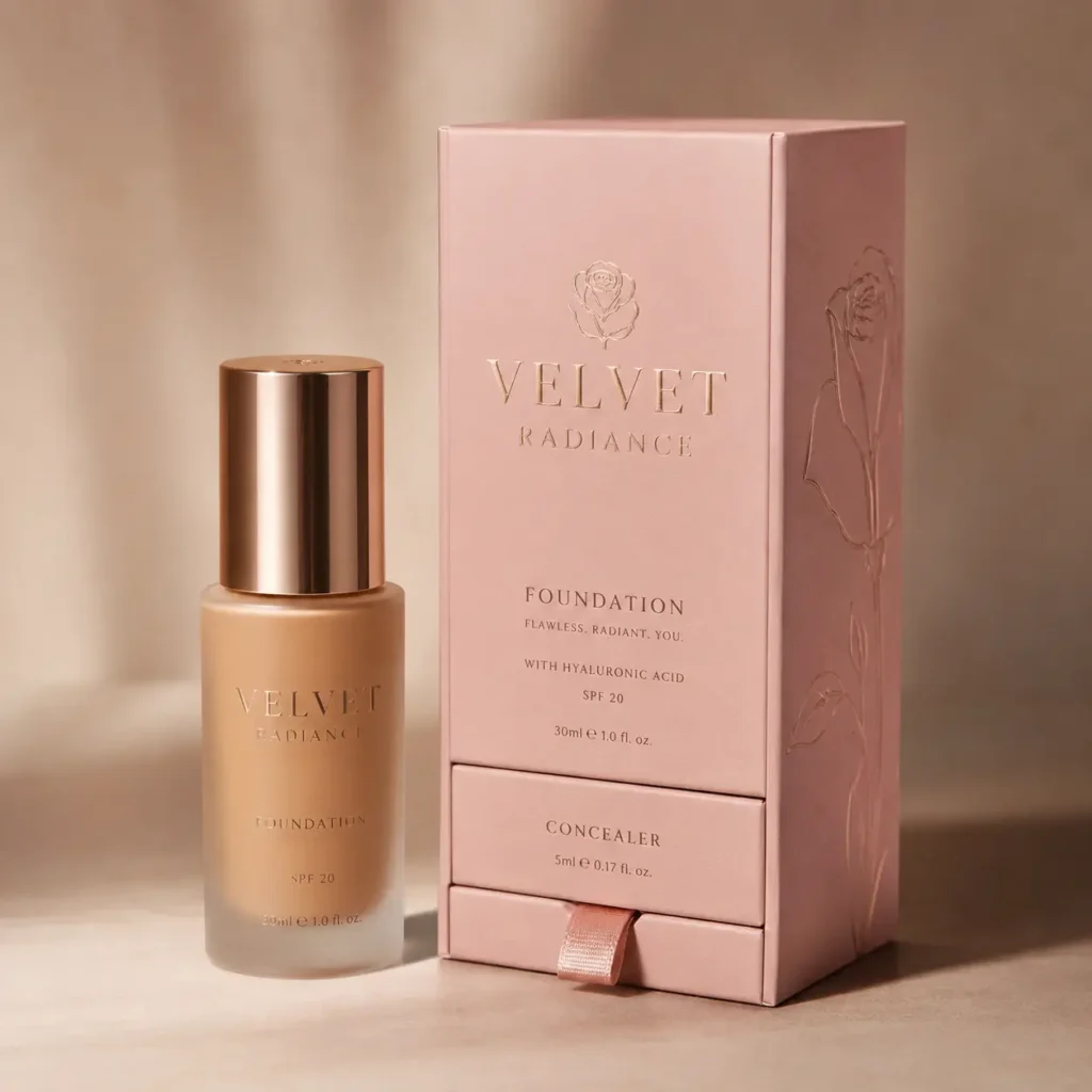 Velvet Radiance luxury foundation bottle with rose gold cap beside pink embossed gift box with concealer drawer, warm beige backdrop