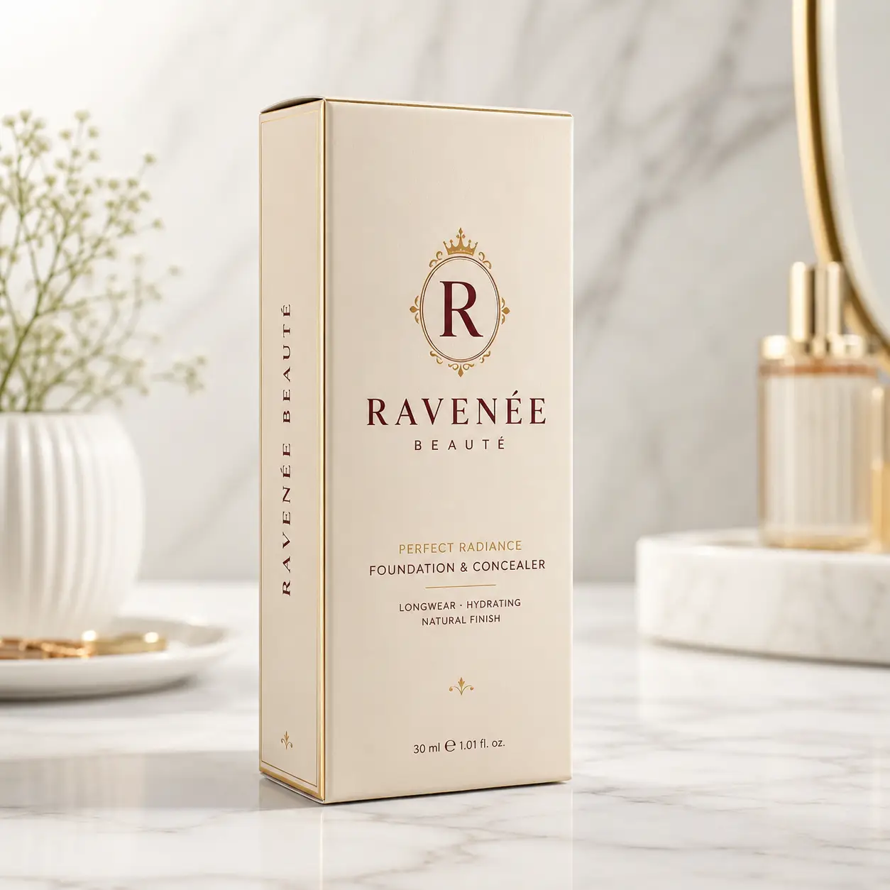 Ravenée Beauté Perfect Radiance Foundation Concealer luxury cream gold packaging box on marble surface with elegant branding