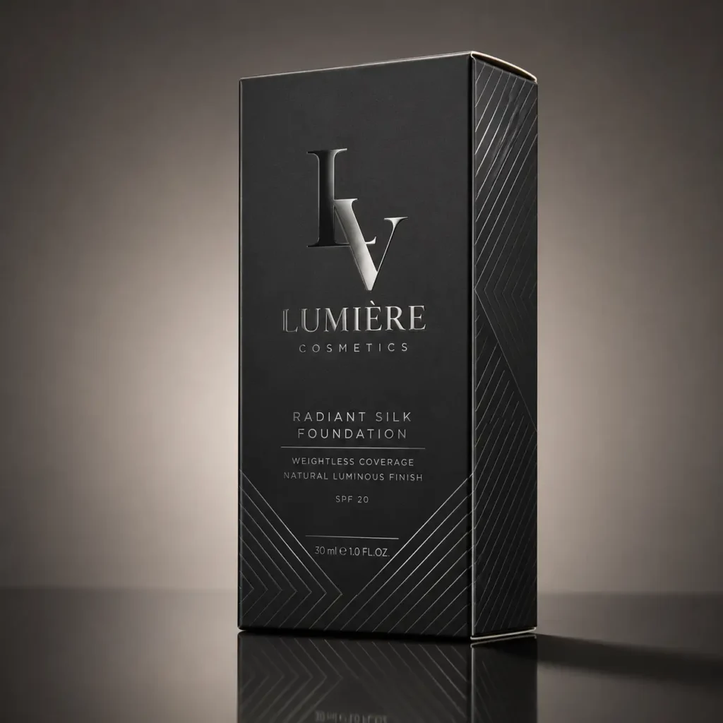 Luxury black LV Lumière Cosmetics Radiant Silk Foundation box with silver embossed logo, geometric texture, premium cosmetic packaging design