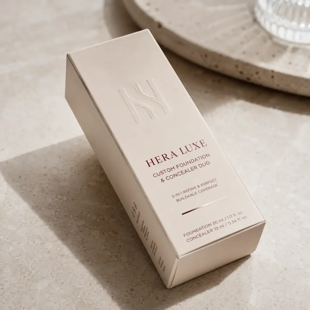 Hera Luxe custom foundation concealer duo beige luxury cosmetic box on marble surface, elegant minimalist beauty packaging design
