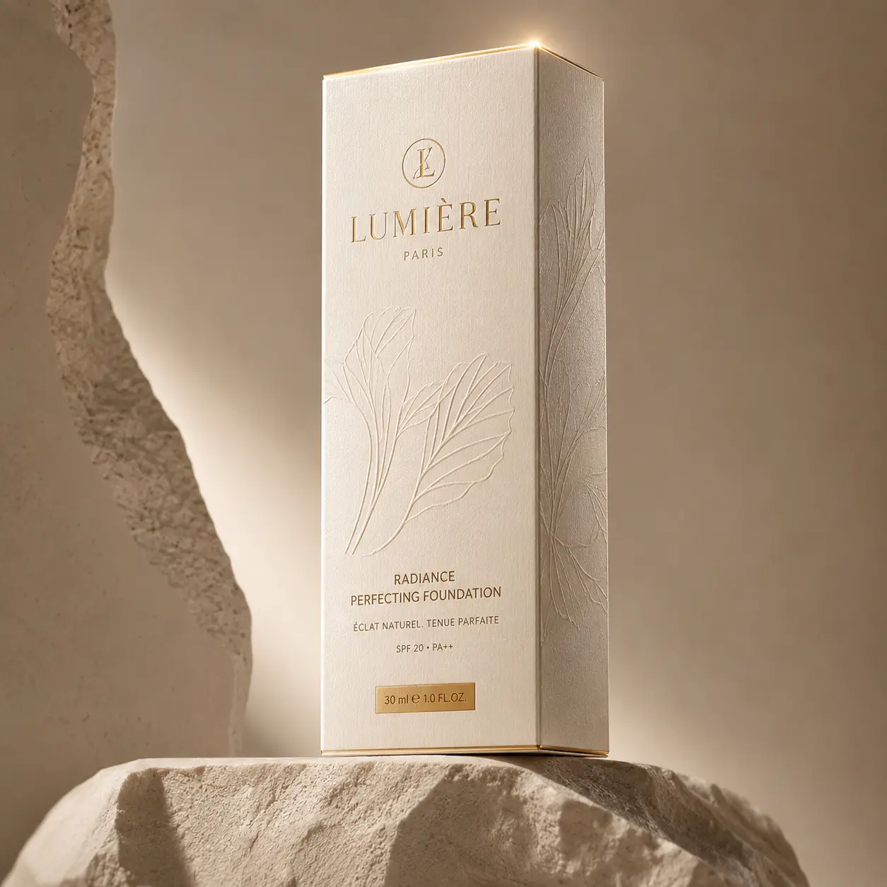 Lumière Paris Radiance Perfecting Foundation luxury cream gold packaging box with embossed floral design on stone pedestal