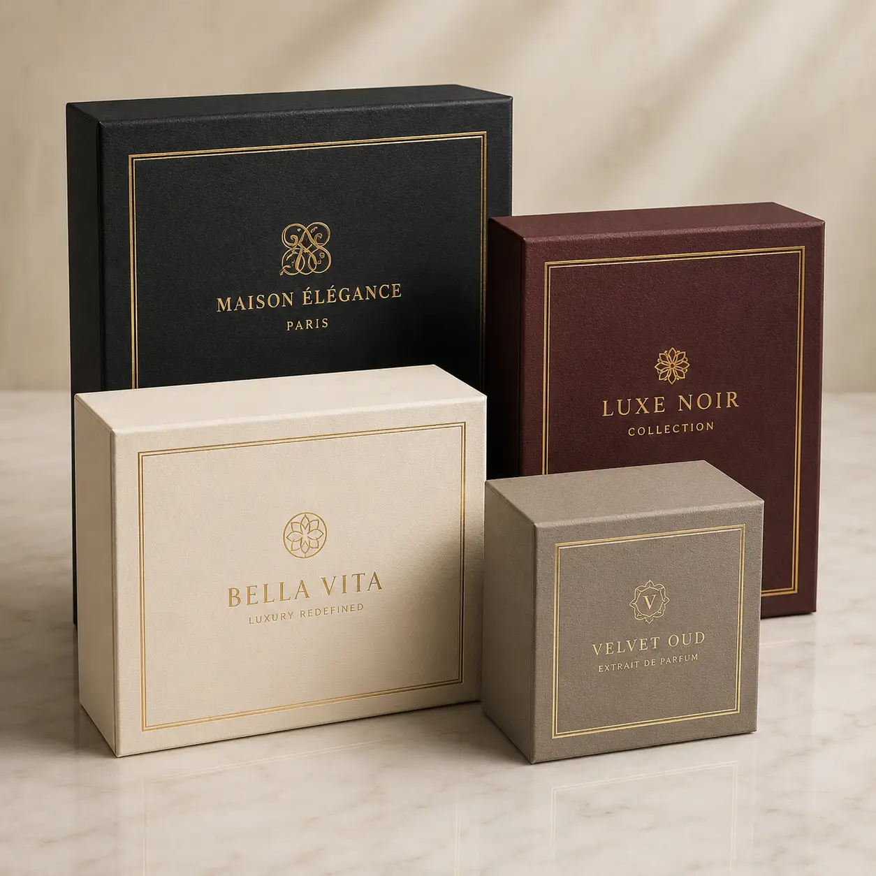 Four luxury gift boxes in black, cream, burgundy, and taupe with gold foil branding displayed on marble surface