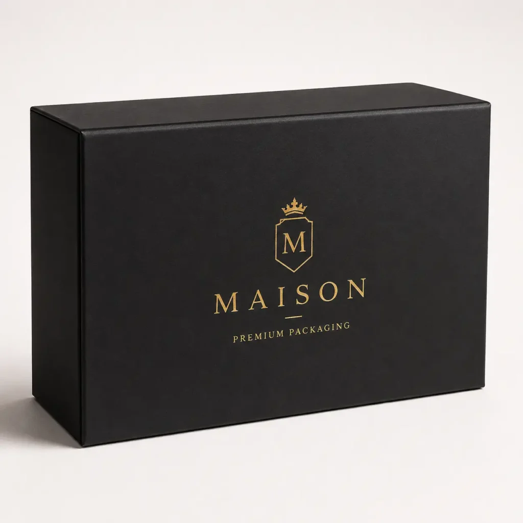 Luxury black magnetic gift box with gold foil Maison Premium Packaging logo and crown crest, elegant premium packaging design