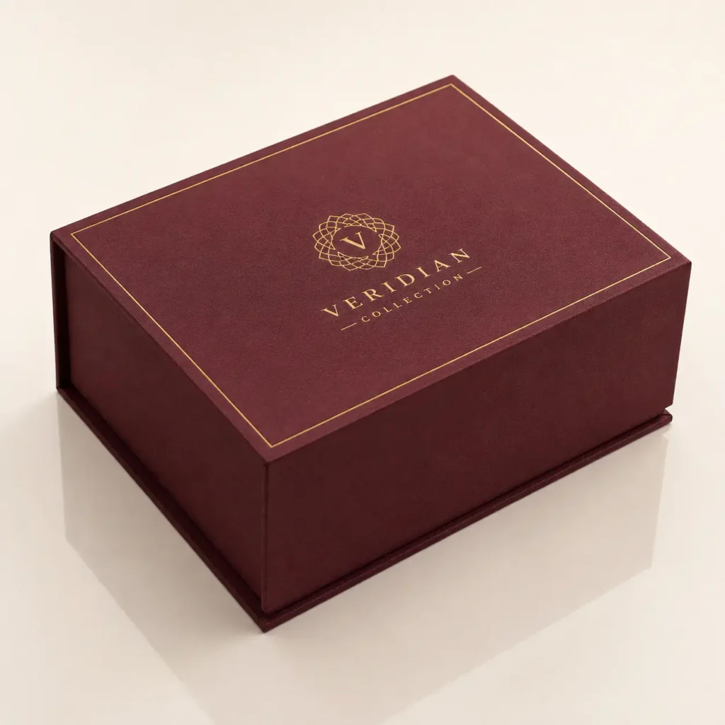 Luxury burgundy magnetic gift box with gold foil Veridian Collection logo, premium rigid packaging, velvet texture finish