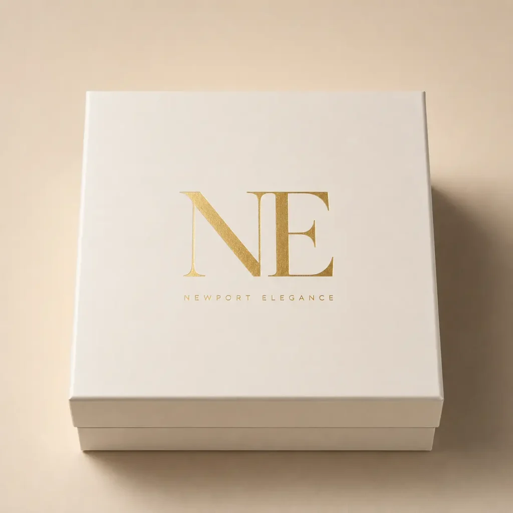 White luxury gift box with gold foil NE monogram Newport Elegance logo on cream background premium custom packaging