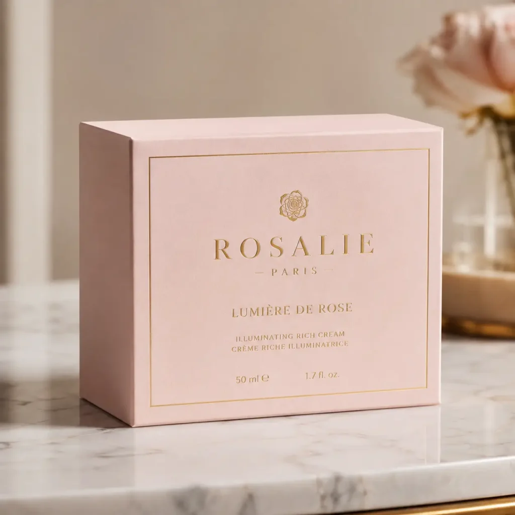 Rosalie Paris Lumière de Rose blush pink luxury skincare cream box with gold foil text on marble surface