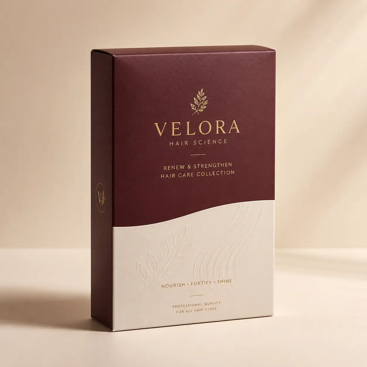 Velora Hair Science luxury gift box packaging in deep burgundy and cream with gold foil branding and embossed botanical design