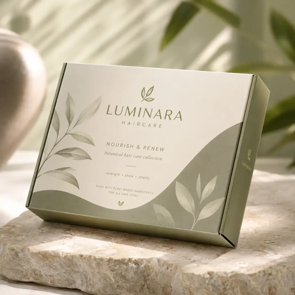 Luminara Haircare Nourish & Renew botanical collection box in sage green on stone, premium eco-friendly hair care packaging design