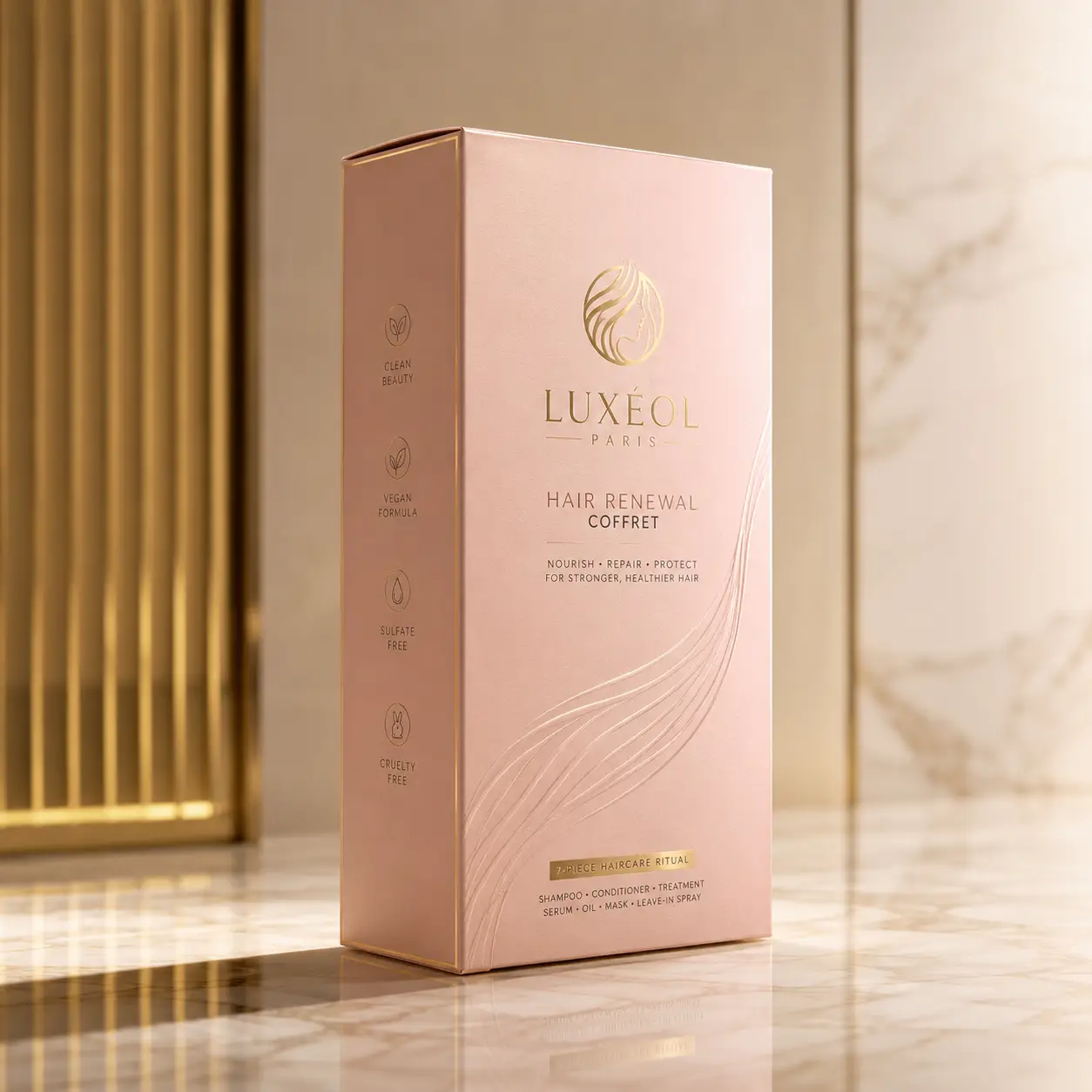 Luxéol Paris Hair Renewal Coffret luxury pink gold gift set box on marble surface, clean beauty vegan sulfate-free packaging design