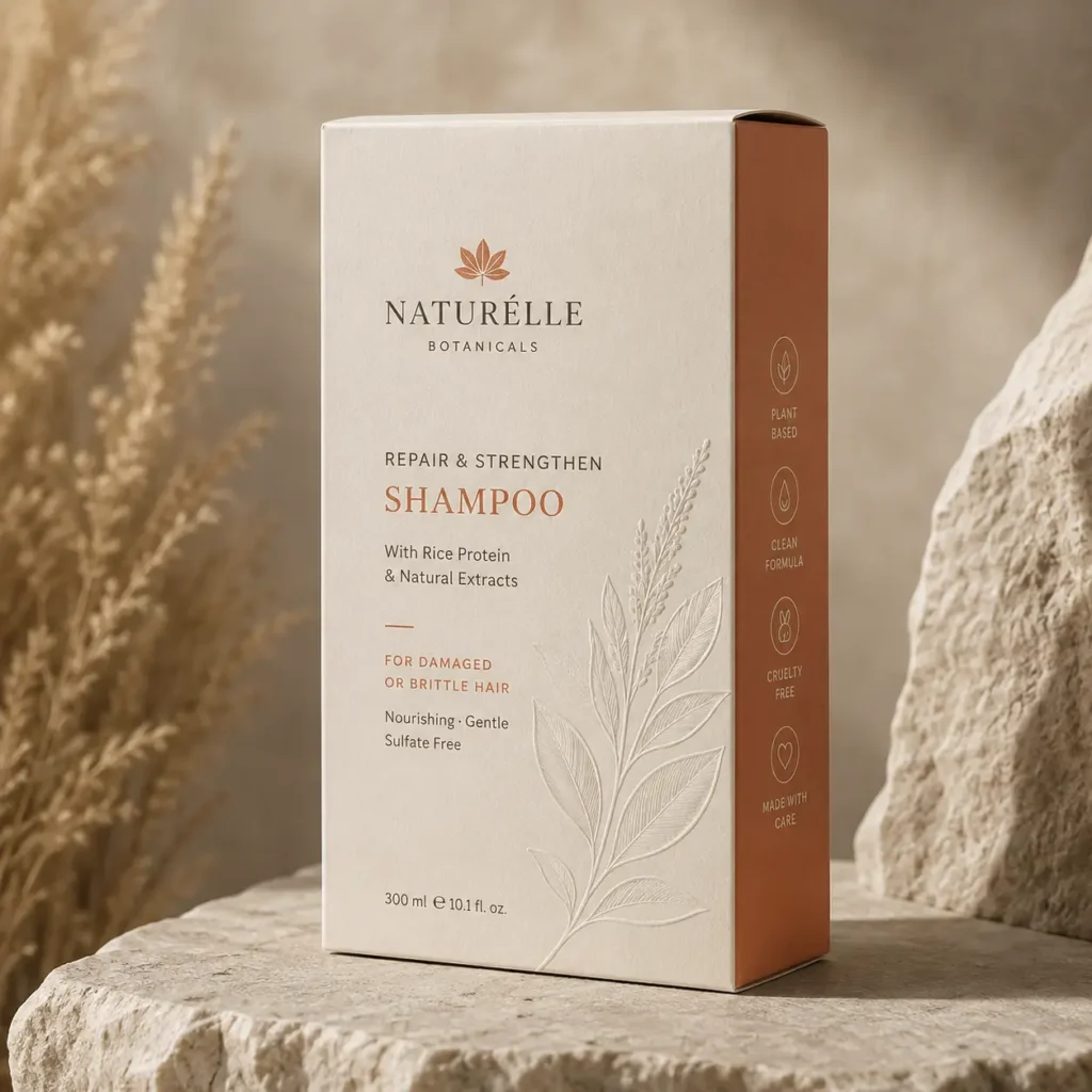 Naturélle Botanicals beige shampoo box with terracotta side panel on stone, plant-based cruelty-free hair repair packaging design