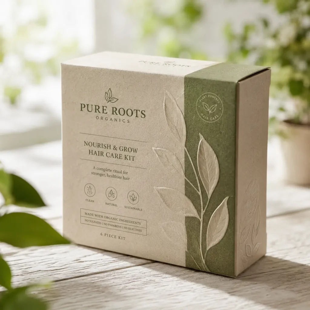 Eco-friendly kraft paper hair care kit box by Pure Roots Organics with sage green botanical leaf embossing on wooden surface