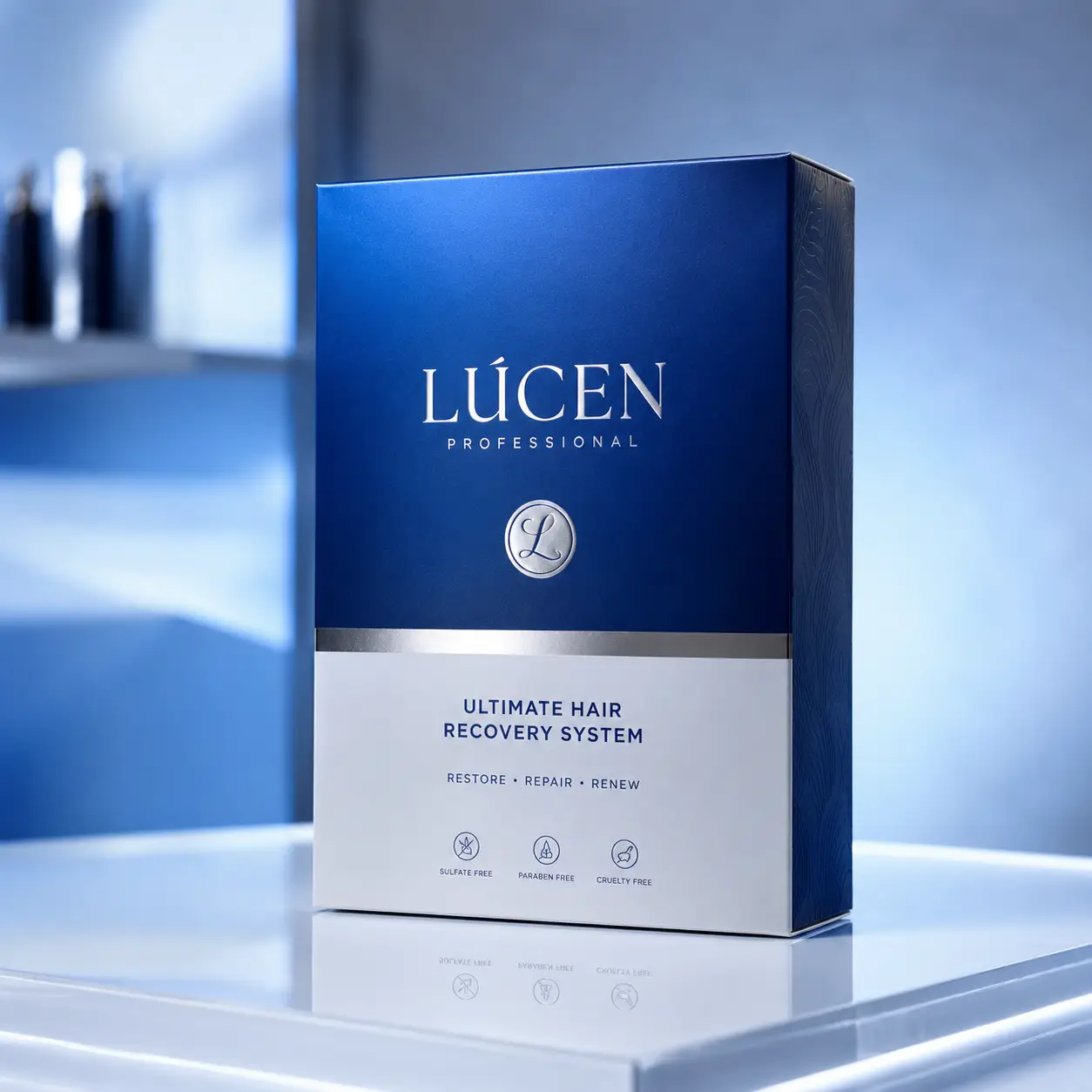 Lúcen Professional Ultimate Hair Recovery System luxury blue silver gift box packaging, sulfate-free paraben-free cruelty-free hair care