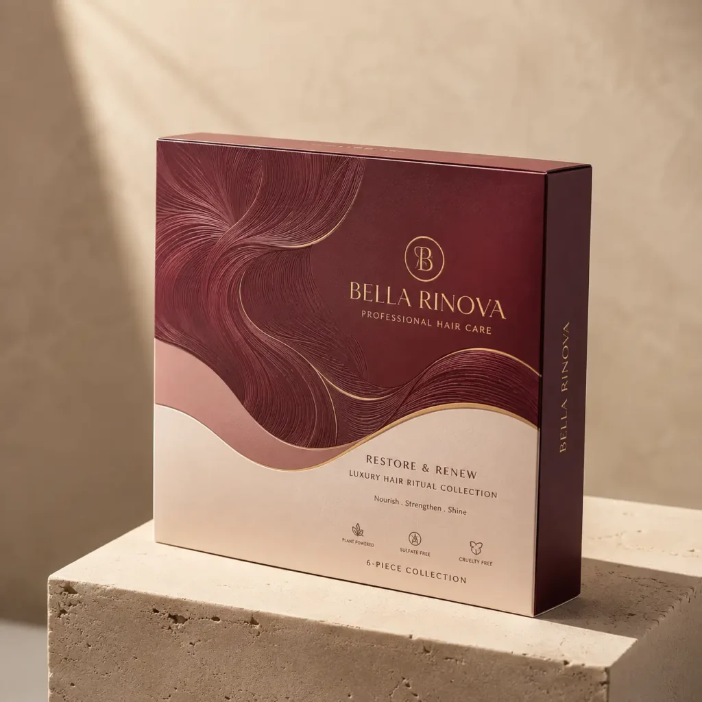 Bella Rinova luxury hair care gift box packaging in deep burgundy and gold on beige stone pedestal, elegant product packaging design