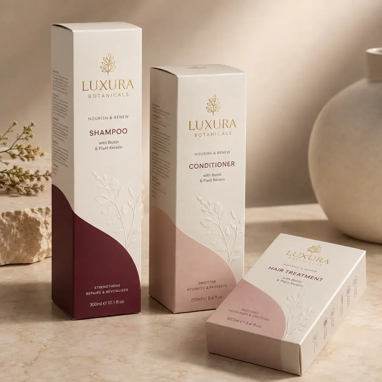 Luxura Botanicals luxury hair care packaging set: burgundy shampoo, blush conditioner, and hair treatment boxes with gold botanical branding