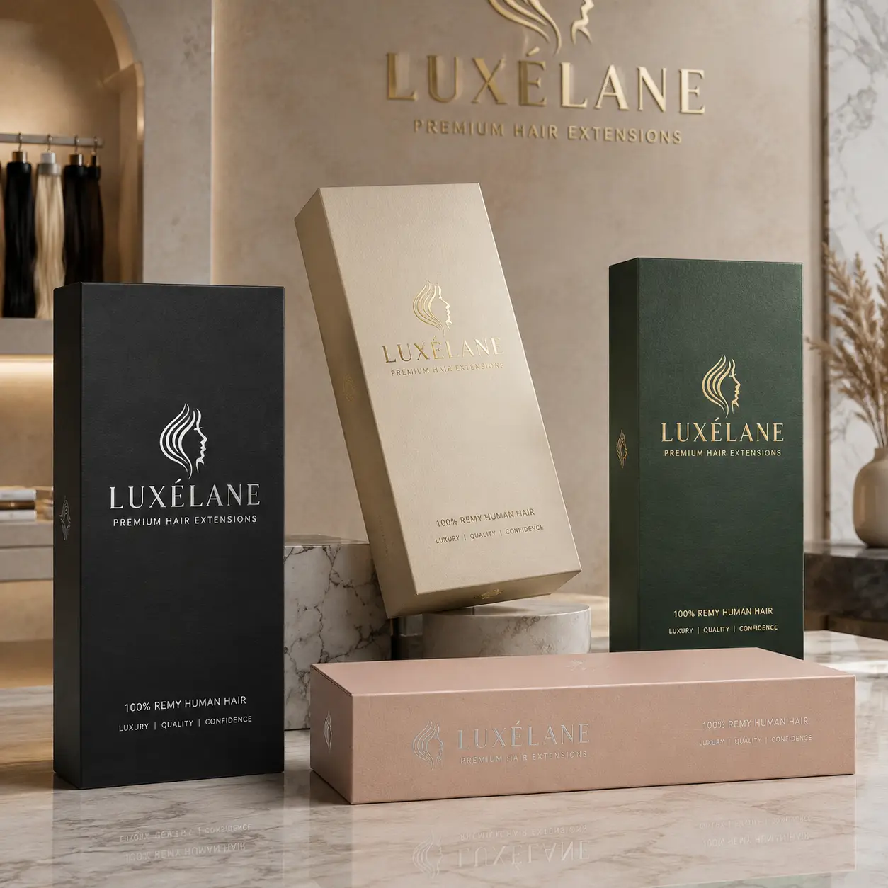 Luxélane Premium Hair Extensions luxury packaging boxes in black, gold, green, and blush pink displayed on marble surface