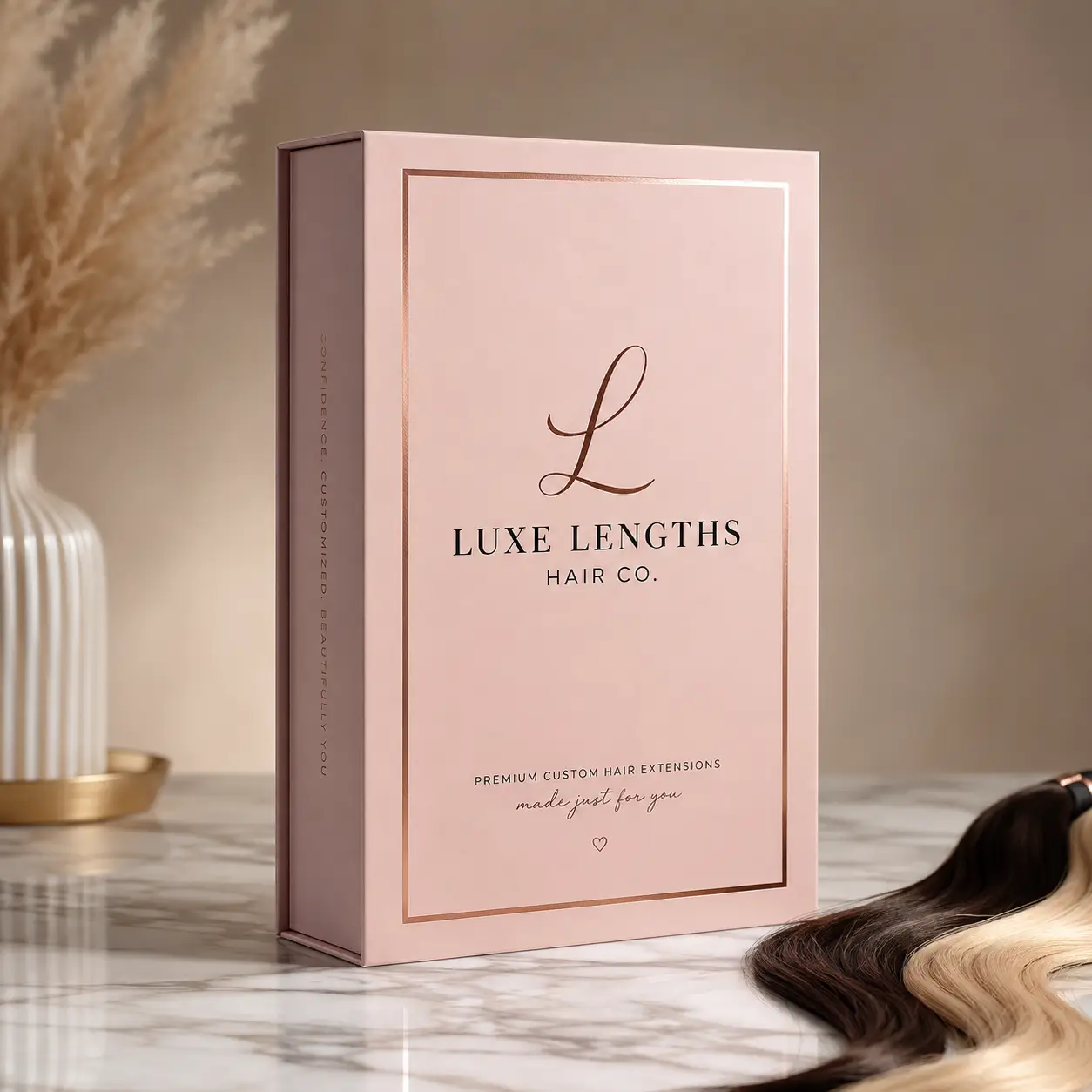 Blush pink luxury hair extension packaging box for Luxe Lengths Hair Co. with rose gold foil details on marble surface