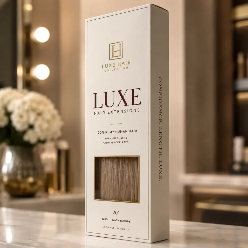Luxe Hair Collection white gold premium hair extensions packaging box displayed on marble counter in elegant salon setting