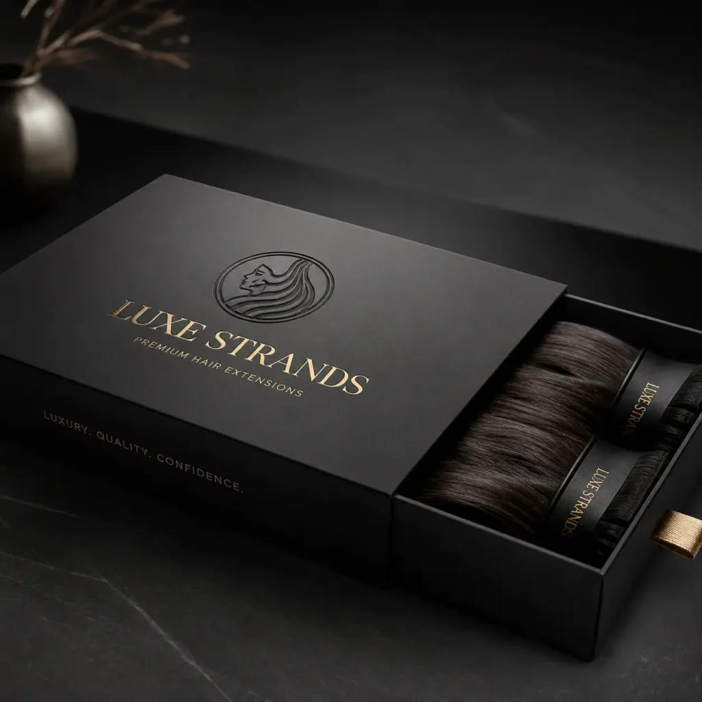 Luxe Strands premium hair extensions black luxury gift box with gold foil logo, dark hair bundles, elegant packaging design