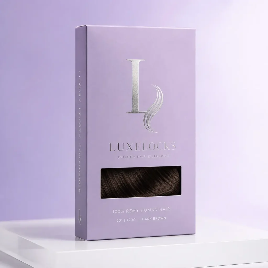 Luxelocks premium hair extensions lavender box packaging, dark brown 20inch 120g Remy human hair, silver foil logo, purple background