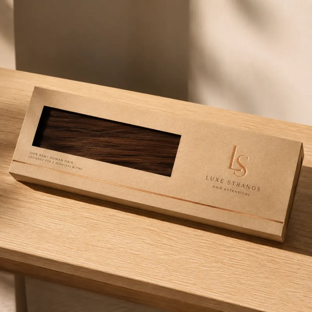 Kraft brown hair extension packaging box with window display, Luxe Strands logo in rose gold, remy human hair, wood surface