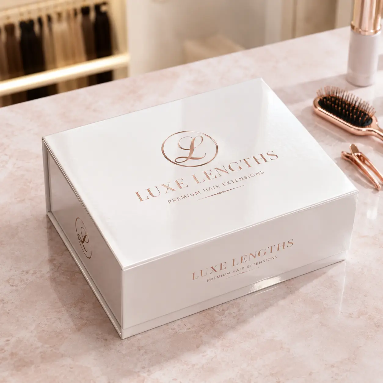 Luxe Lengths premium hair extensions white magnetic gift box with rose gold foil logo on marble countertop beside rose gold brush