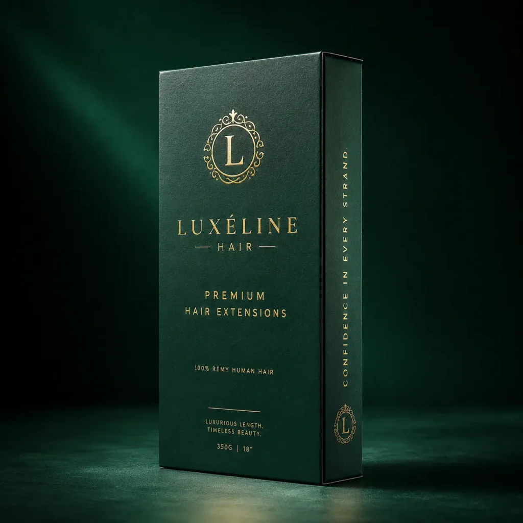 Luxéline Hair premium extensions dark green gold foil luxury packaging box 350g 18inch Remy human hair product design