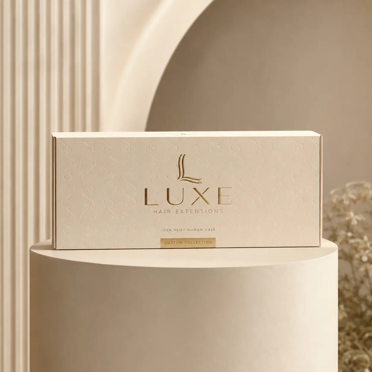 Luxe Hair Extensions cream luxury box with gold foil branding on beige pedestal, elegant custom packaging design