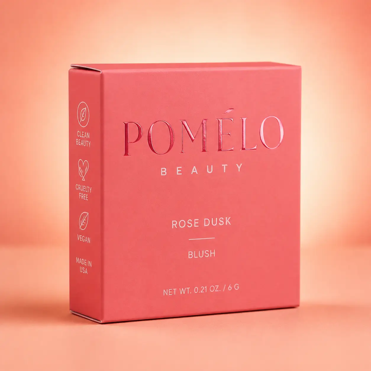 Pomélo Beauty Rose Dusk blush box, coral pink packaging, clean beauty vegan cruelty-free cosmetic product, 6g, made in USA