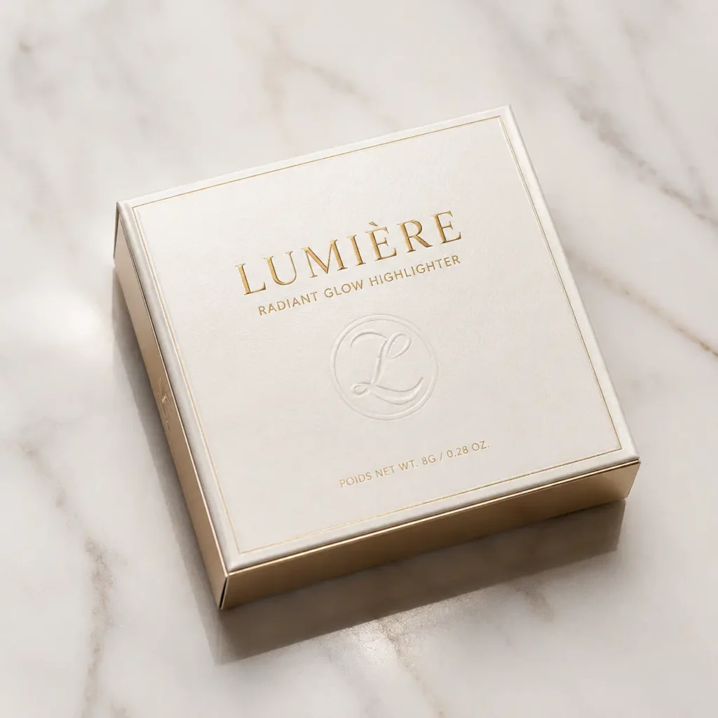 Lumière Radiant Glow Highlighter luxury white gold cosmetic packaging box on marble surface, elegant embossed logo, 8g