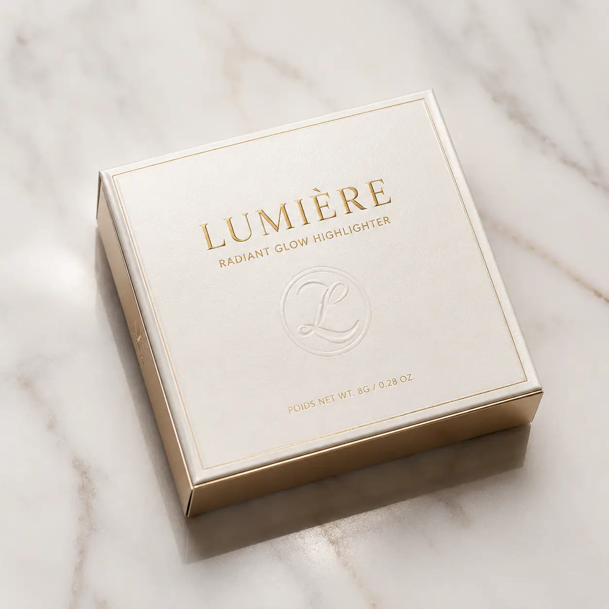 Lumière Radiant Glow Highlighter luxury white gold cosmetic packaging box on marble surface, elegant embossed logo, 8g