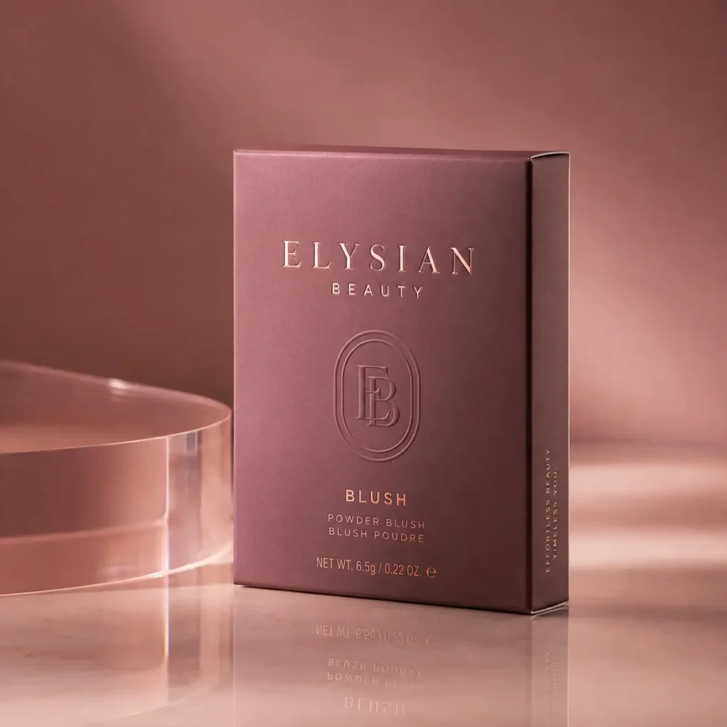 Elysian Beauty powder blush luxury packaging in mauve rose gold tones with embossed EB monogram logo on reflective surface