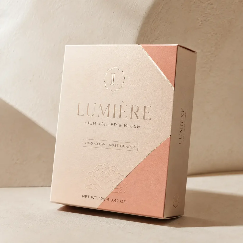 Lumière Rose Quartz Duo Glow Highlighter Blush luxury cosmetic box packaging in blush pink and cream tones