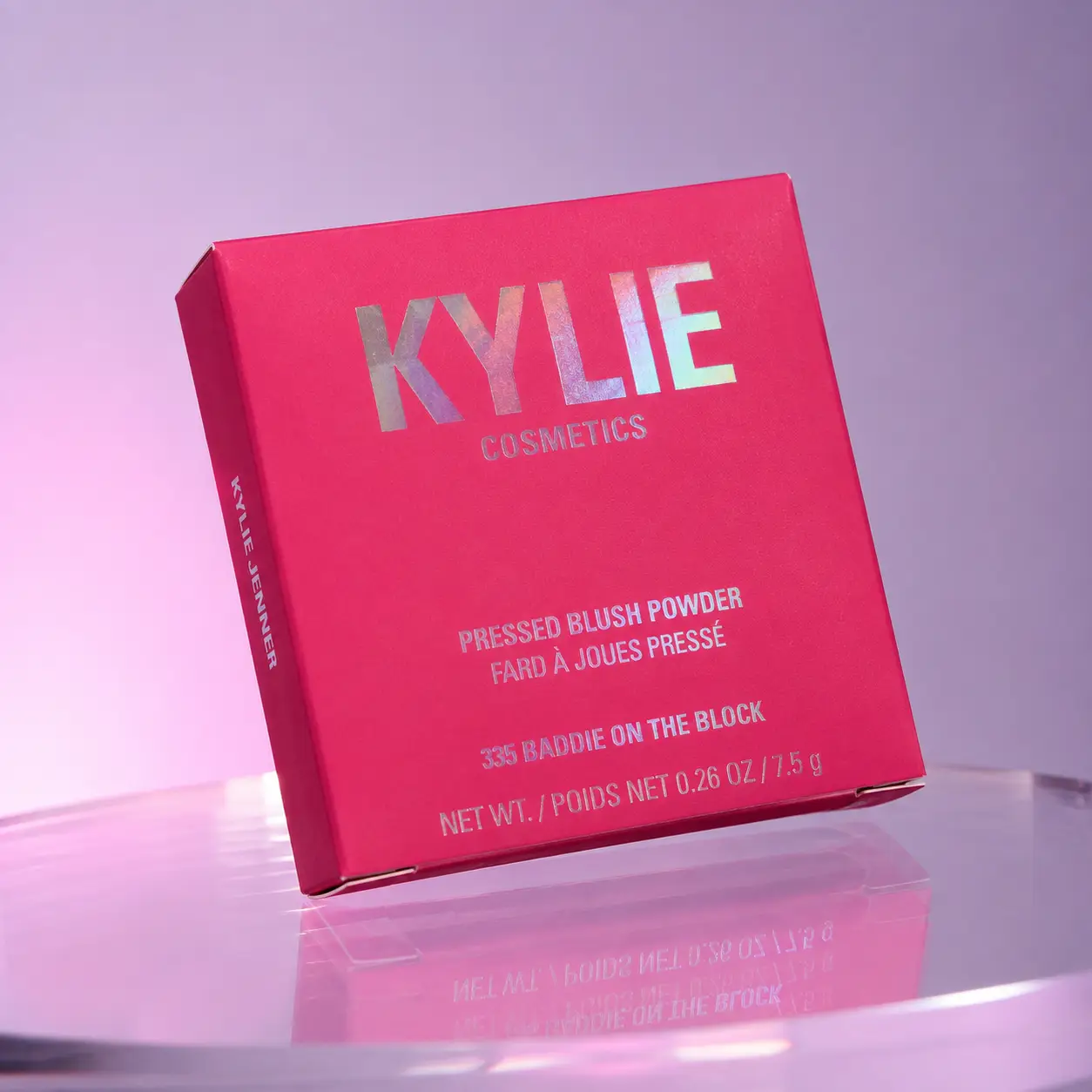 Kylie Cosmetics hot pink pressed blush powder box shade 335 Baddie on the Block with holographic foil branding on reflective surface