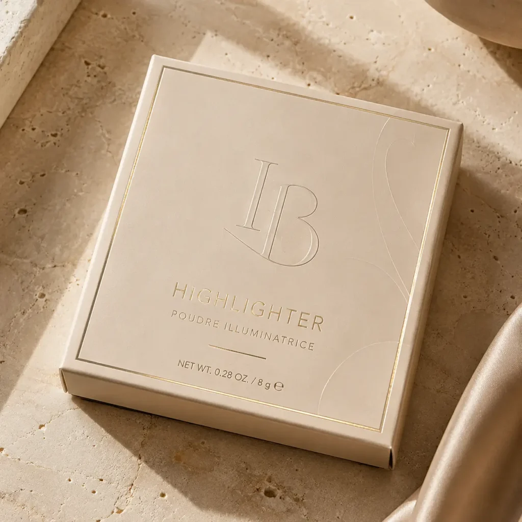 Luxury cream gold LB highlighter makeup powder box packaging on travertine surface with silk fabric, elegant cosmetic branding design