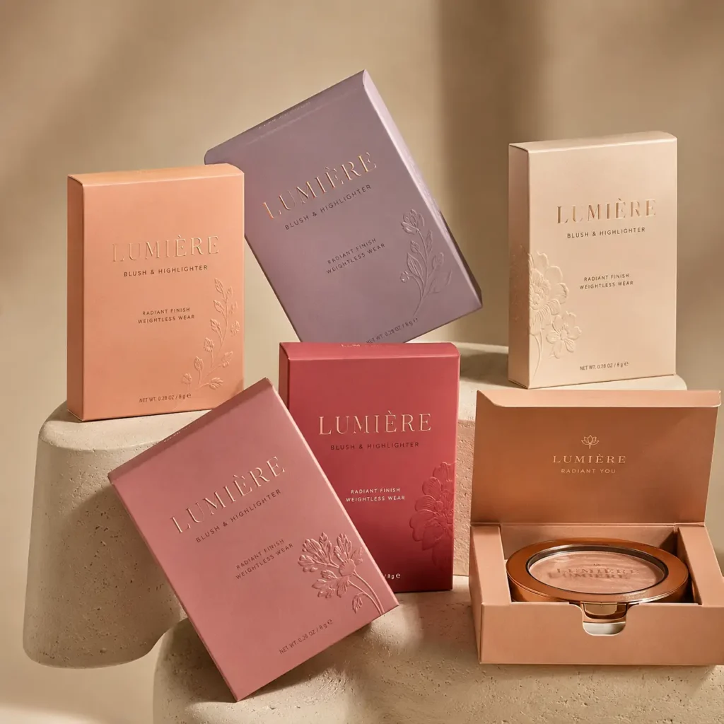Lumière blush highlighter luxury cosmetic packaging in pink mauve burgundy cream tones with embossed floral designs and open compact