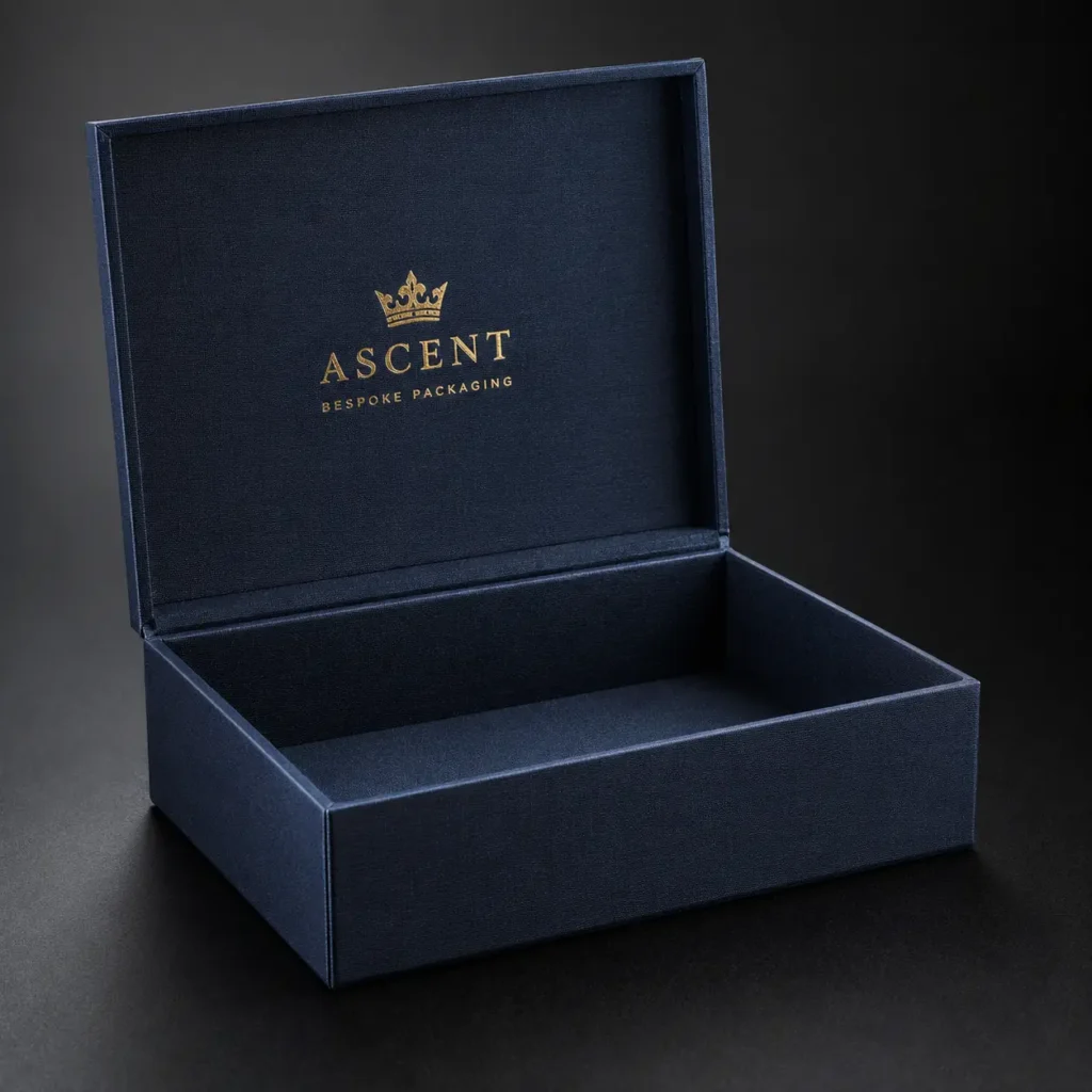 Navy blue luxury rigid gift box open showing gold foil Ascent Bespoke Packaging logo, premium hinged presentation box