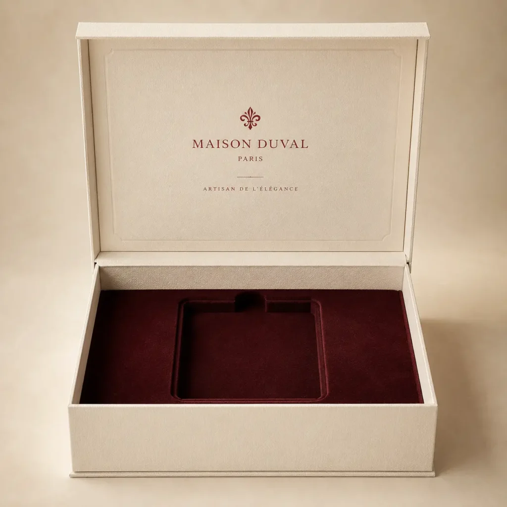 Luxury cream rigid gift box open revealing burgundy velvet interior with compartments, Maison Duval Paris branding