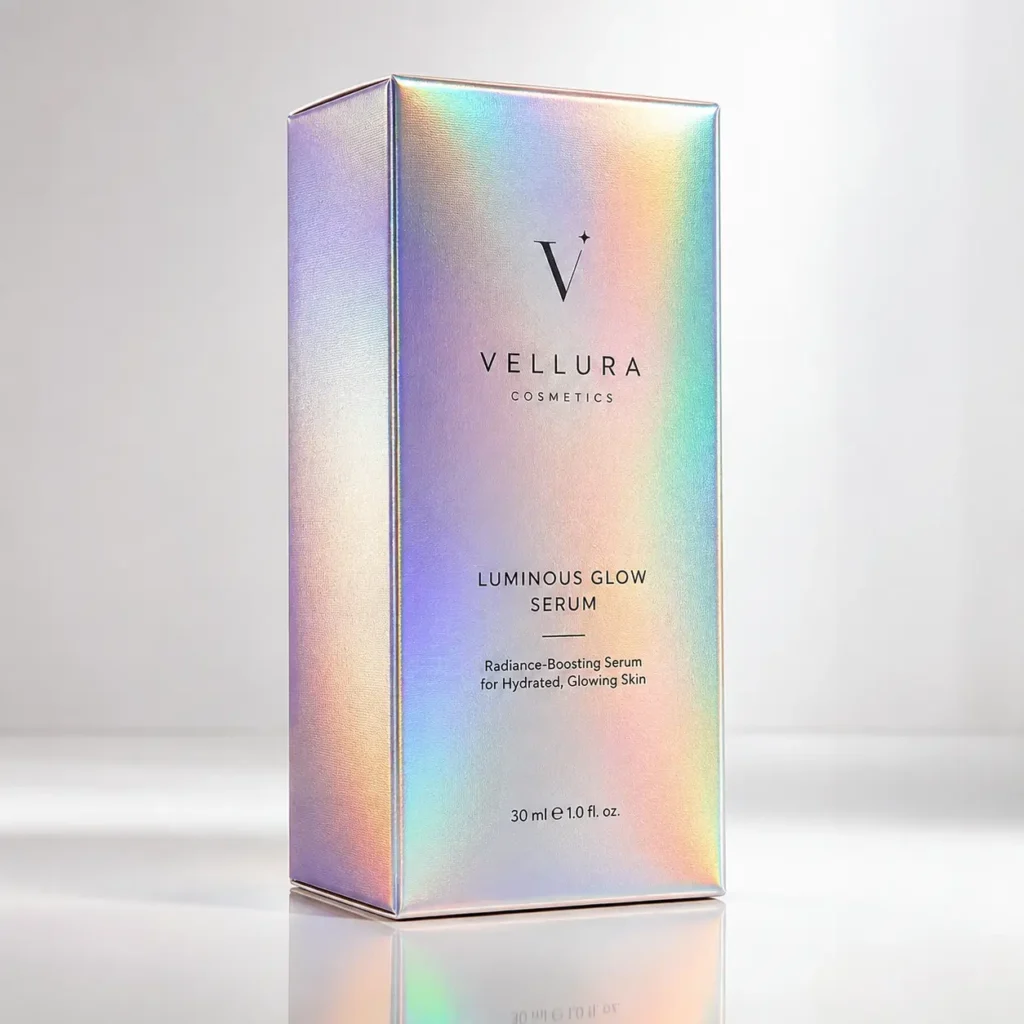 Holographic iridescent serum box packaging for Vellura Cosmetics Luminous Glow Serum, 30ml, rainbow shimmer luxury cosmetic design