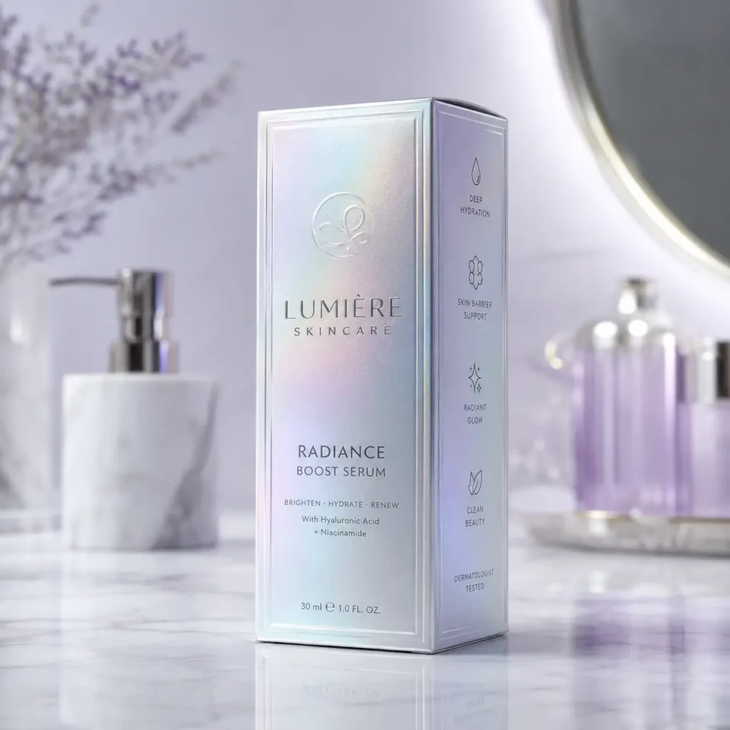 Lumière Skincare Radiance Boost Serum holographic pearl box on marble, hyaluronic acid niacinamide, luxury cosmetic packaging design