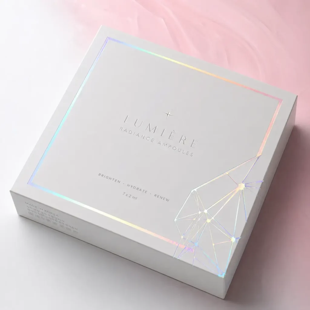 Lumière Radiance Ampoules white holographic luxury skincare box with iridescent border, geometric crystal design, pink background