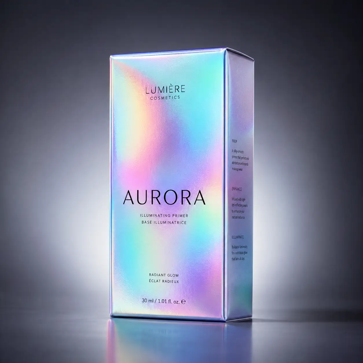 Lumière Cosmetics Aurora Illuminating Primer holographic iridescent luxury cosmetic box packaging design 30ml radiant glow