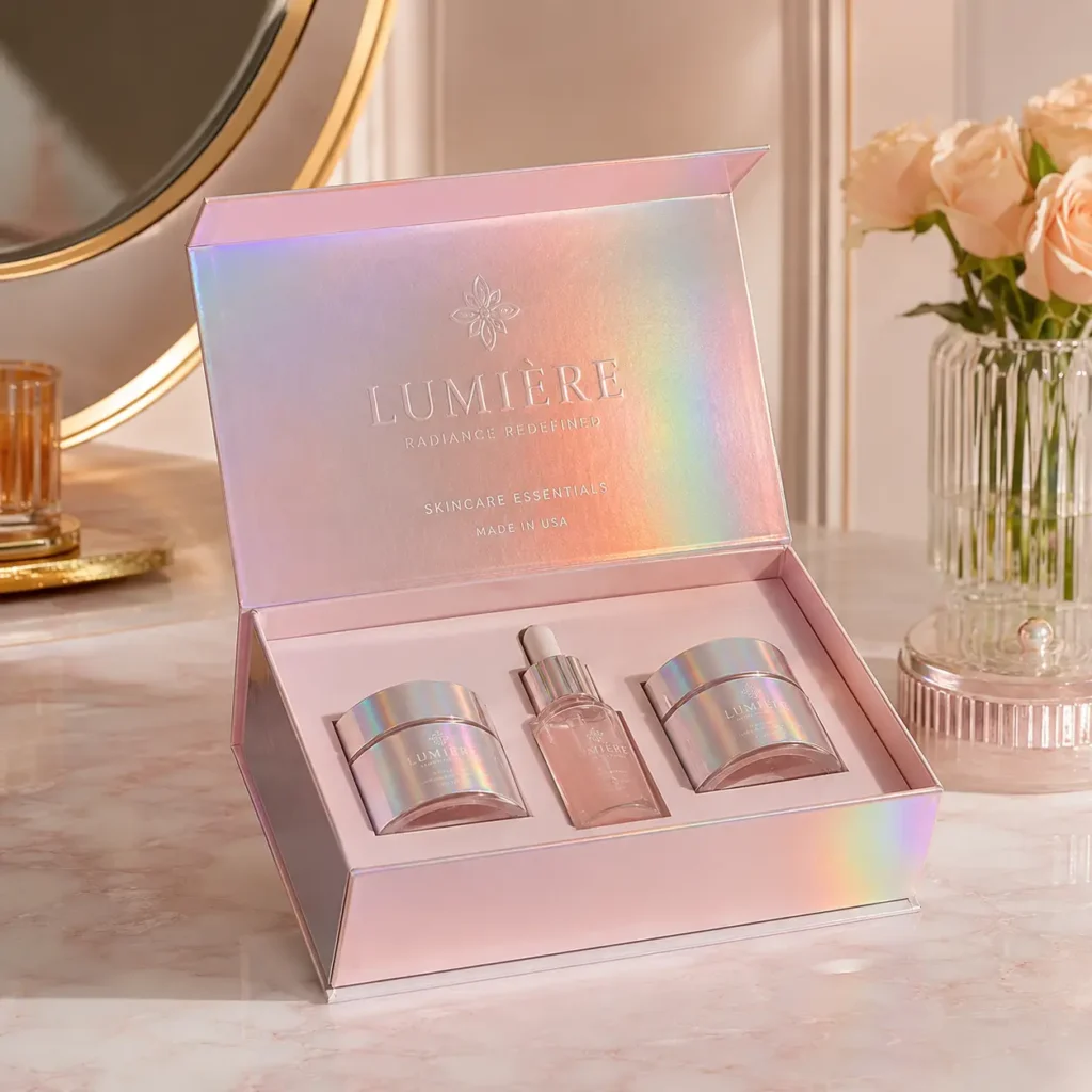 Lumière holographic pink skincare gift box set with serum dropper and two cream jars on marble vanity