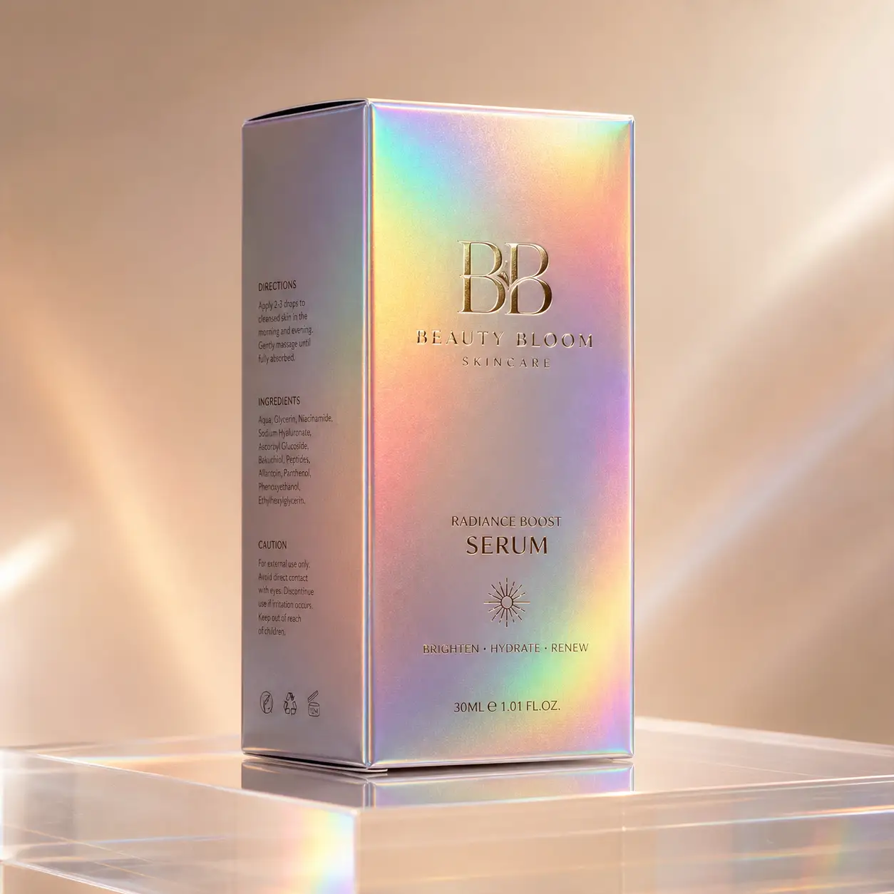 Holographic iridescent Beauty Bloom Skincare Radiance Boost Serum 30ml luxury packaging box with rainbow shimmer effect